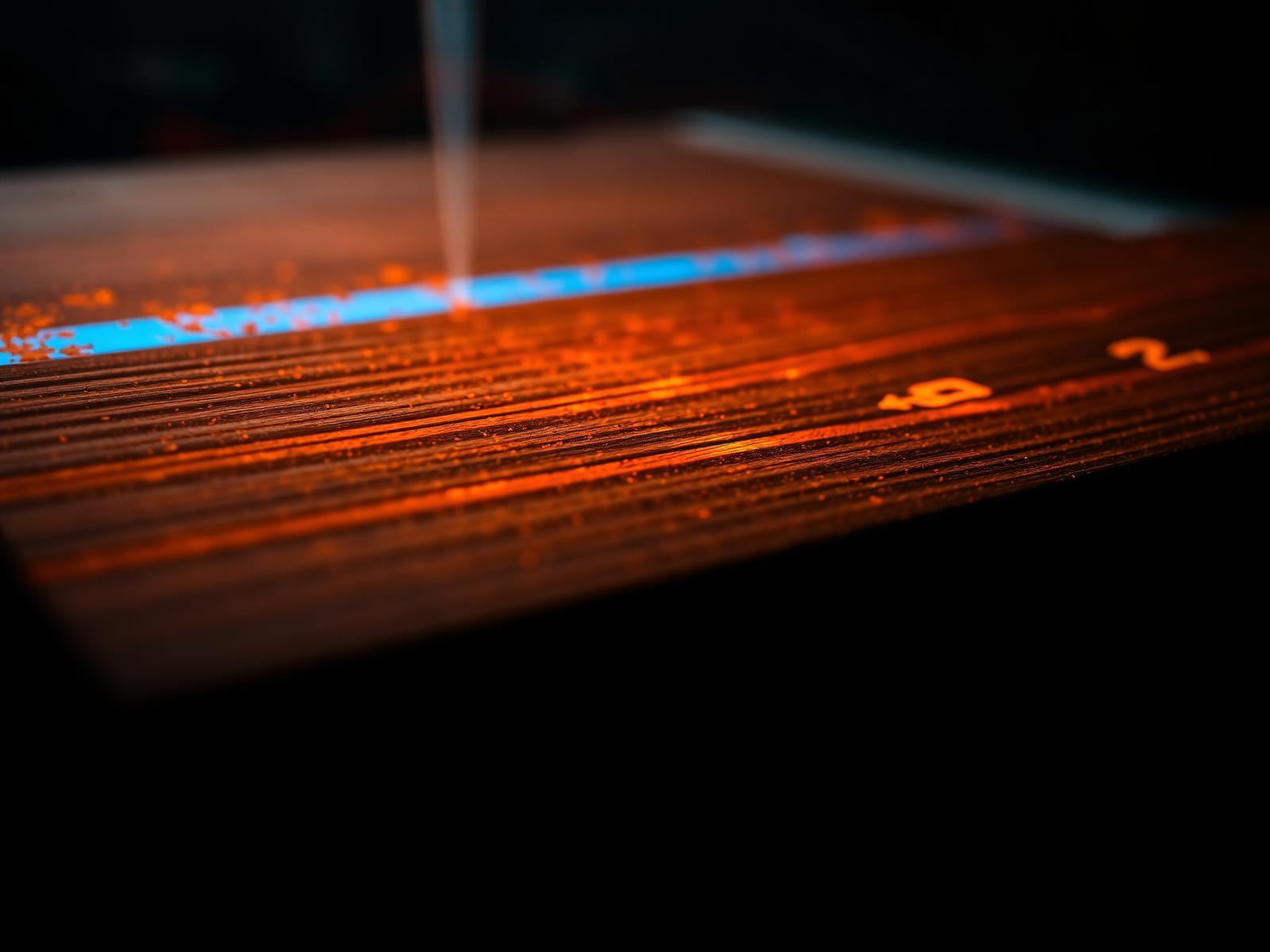 Laser etching dark walnut with warm ember glow
